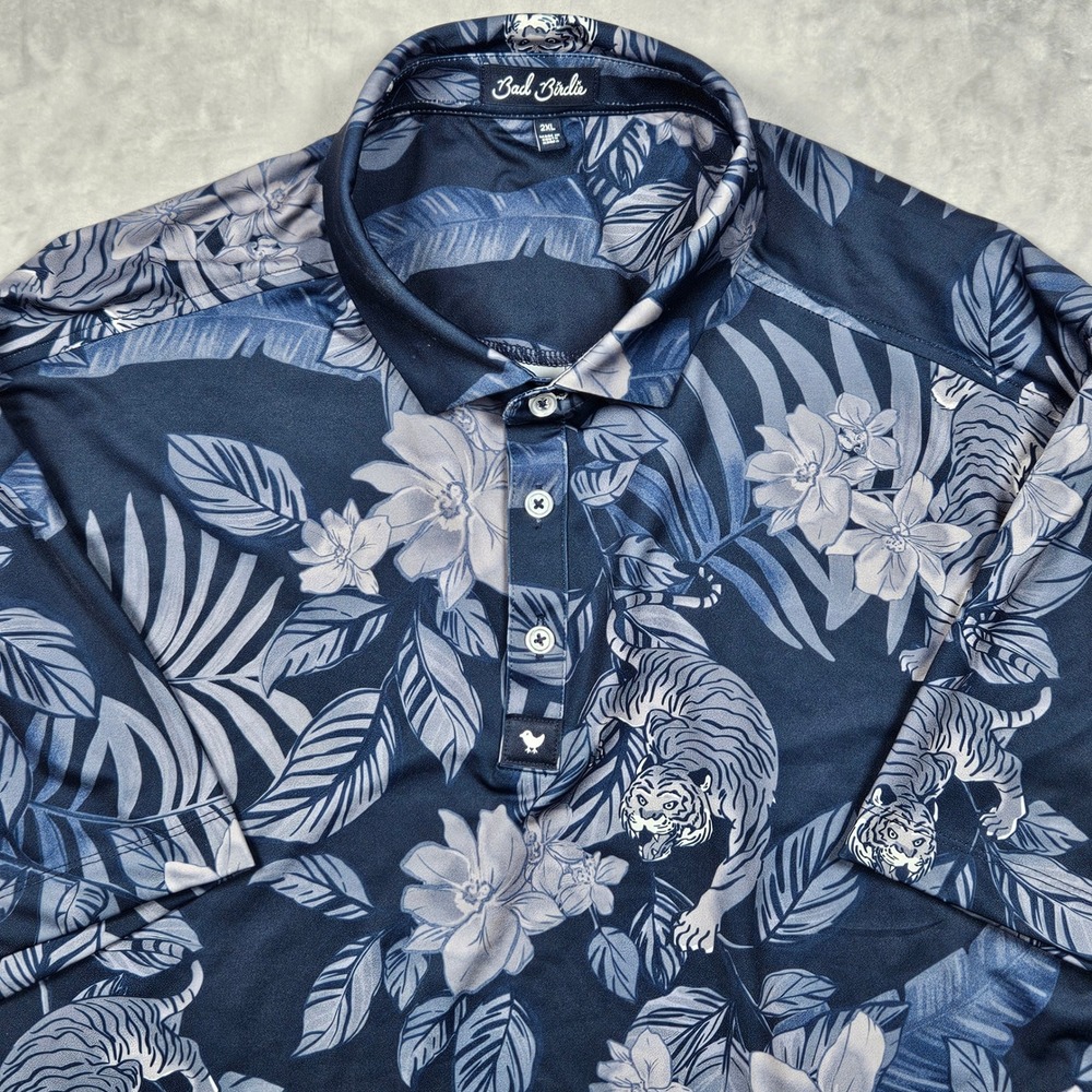 Bad Birdie Polo Shirt Mens 2XL Blue Tiger Floral Graphic Print Performance